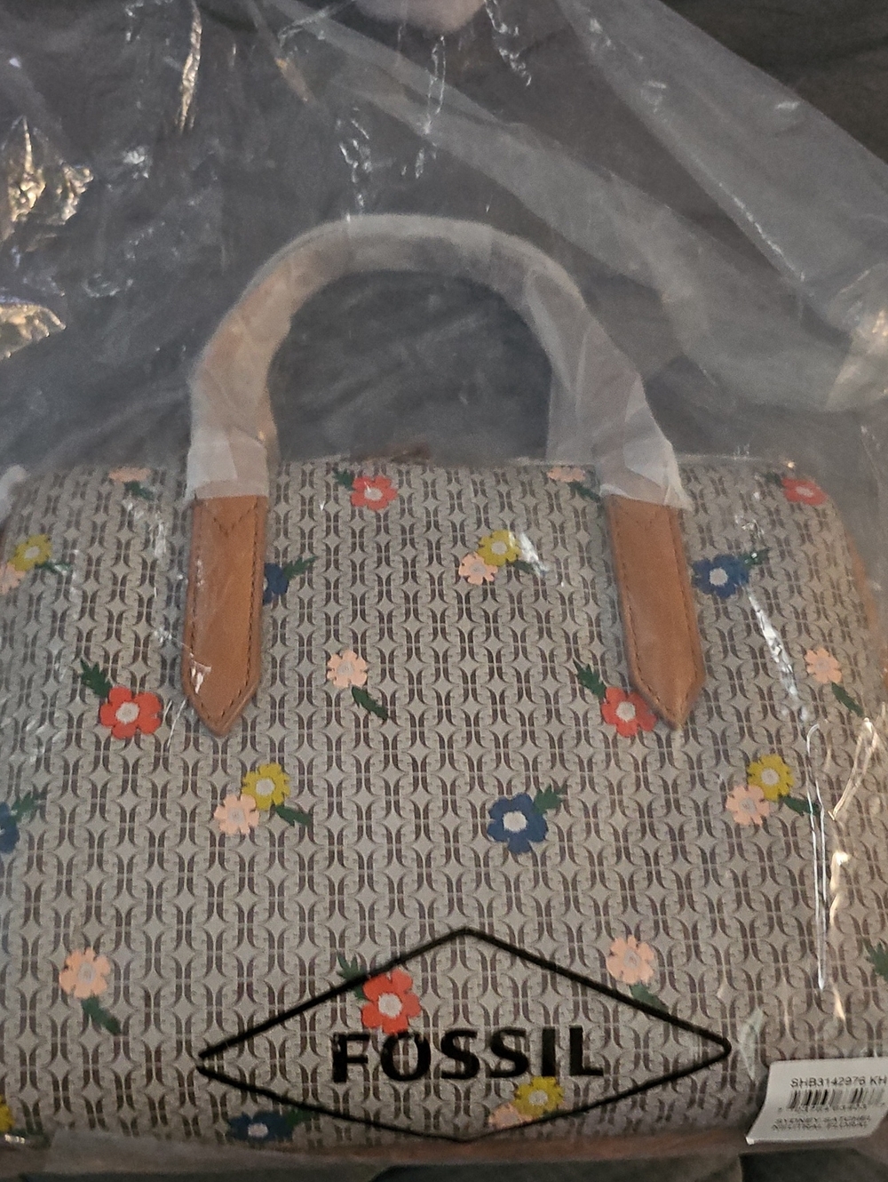 Fossil Beige Monogram Satchel with Multicolor Floral Print and Tan Trim